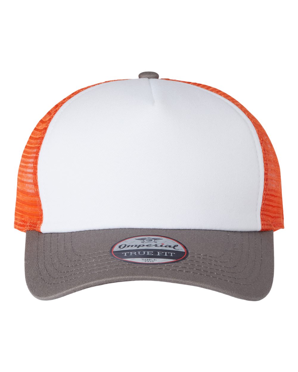 Front View of White/ Charcoal/ Orange North Country Trucker Cap - 1287