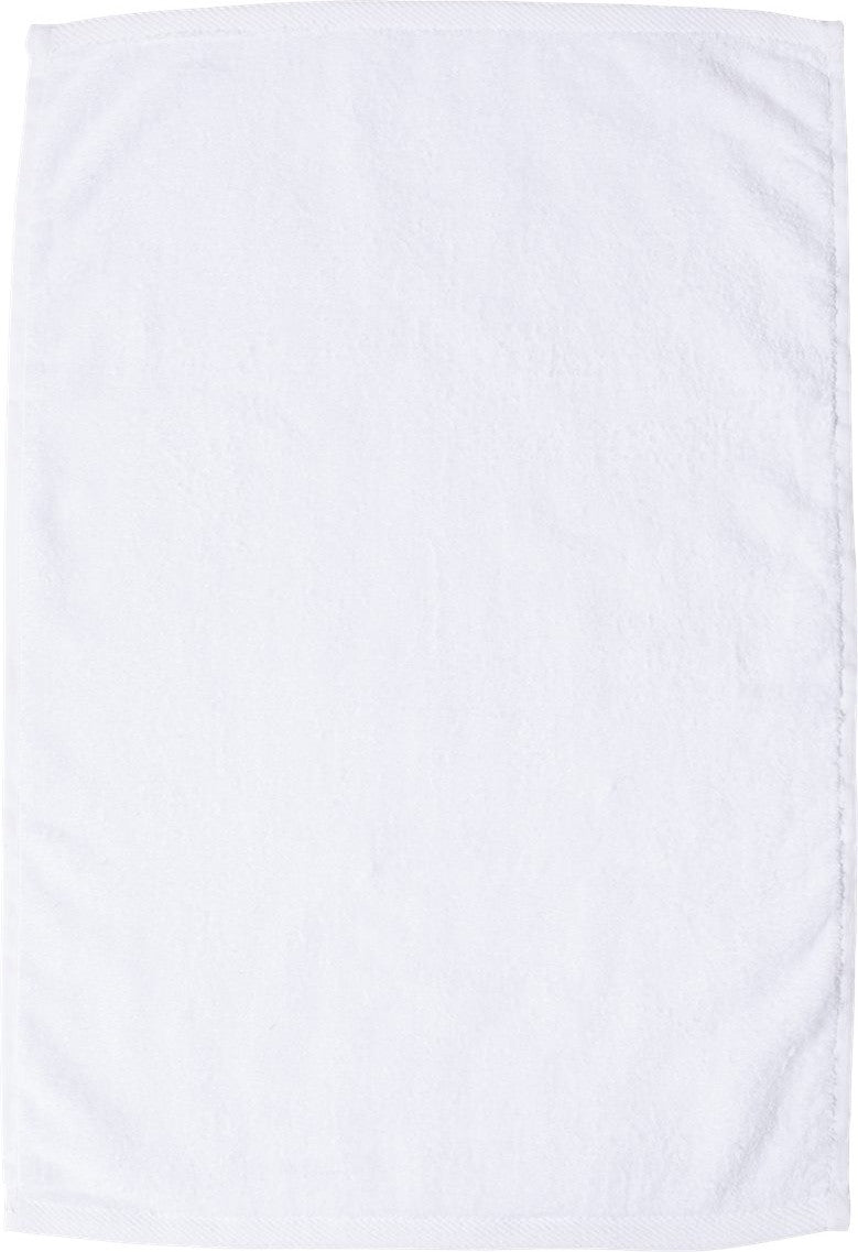 Front View of White Deluxe Hemmed Hand Towel - T300