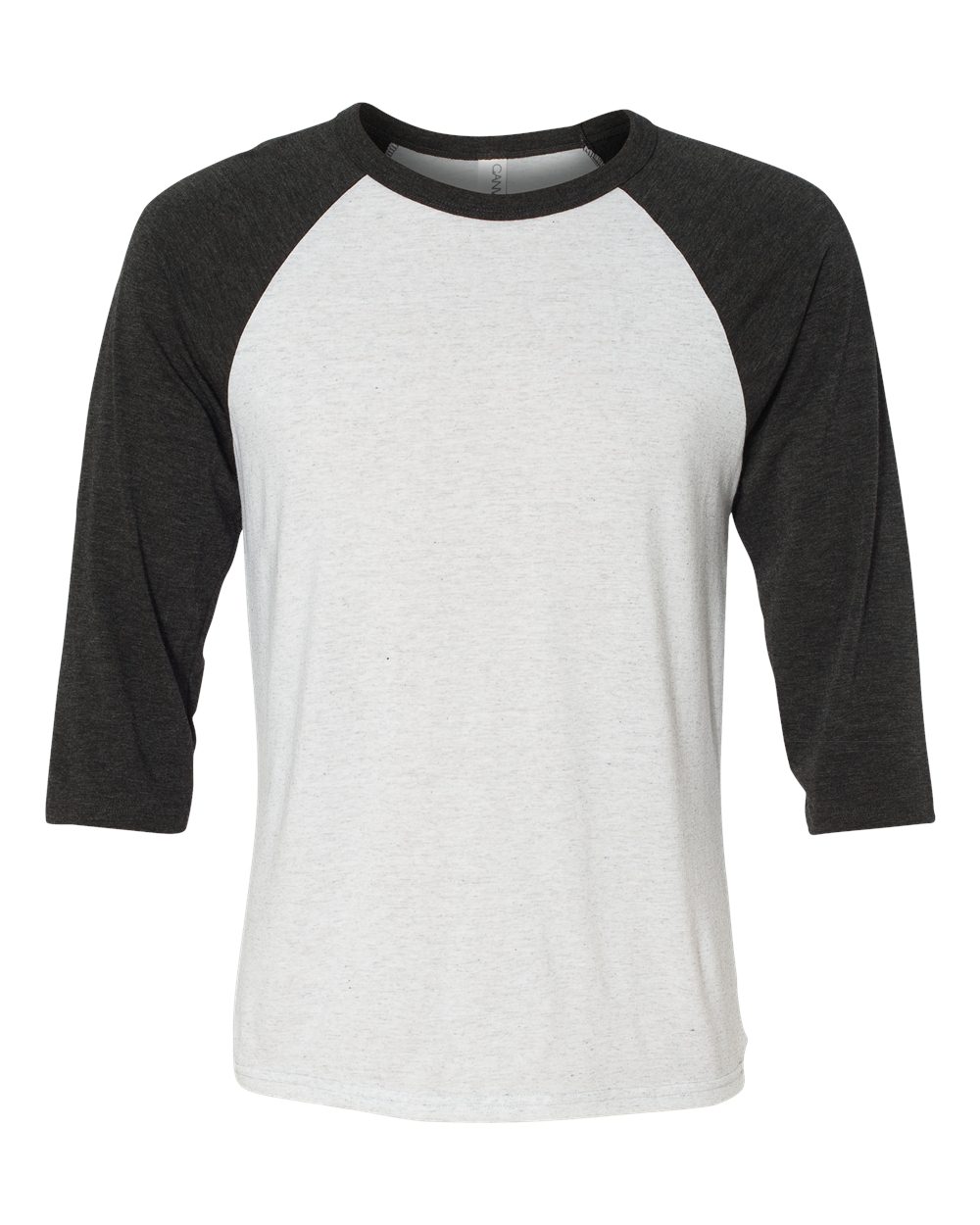 Front View of White Fleck/ Charcoal Triblend Three-Quarter Sleeve Baseball Tee - 3200