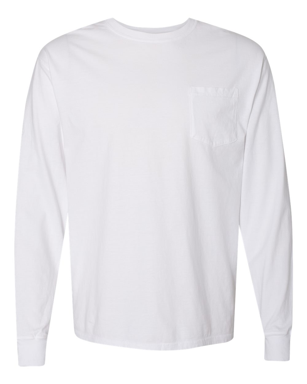Front View of White Garment-Dyed Long Sleeve T-Shirt With a Pocket - GDH250
