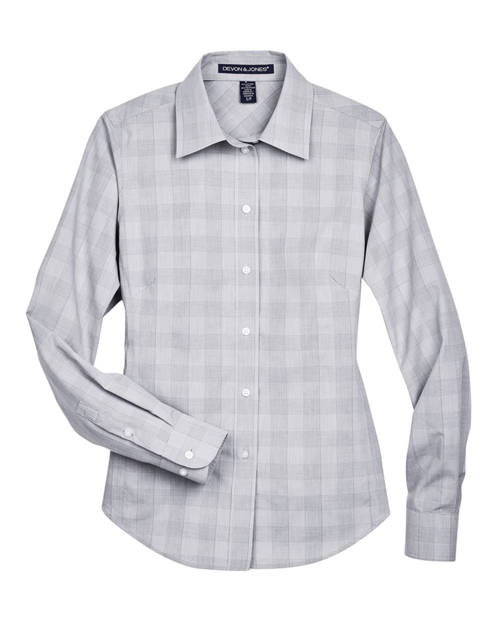Front View of White/ Graphite/ Light Grey Women's Crown Collection® Glen Plaid Woven Dress Shirt - DG520W