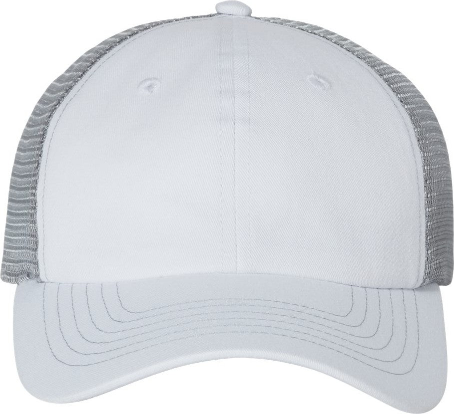 Front View of White/ Grey Contrast-Stitch Mesh-Back Cap - 3100