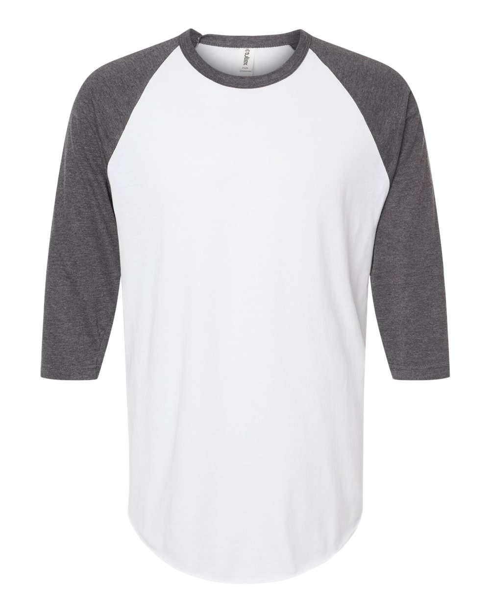 Front View of White/ Heather Charcoal Fine Jersey Raglan T-Shirt - 245
