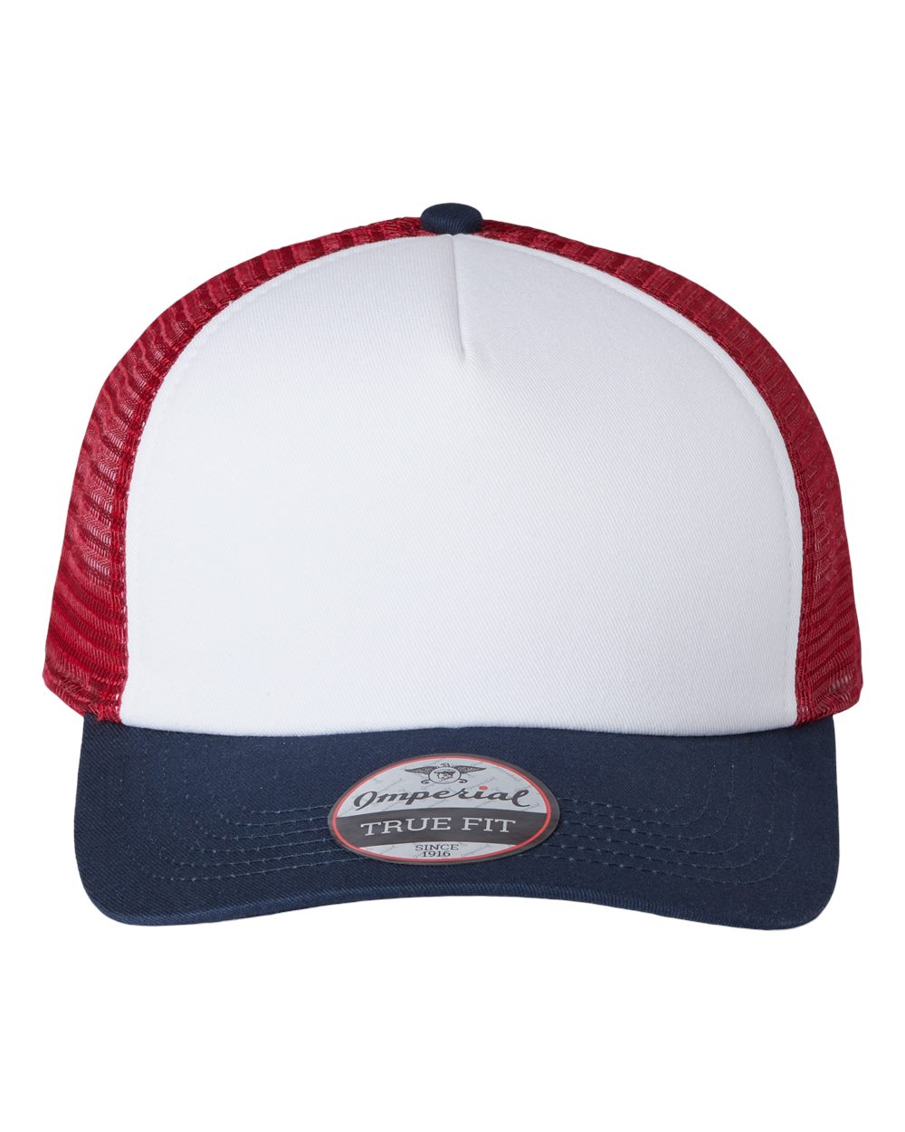 Front View of White/ Imperial Navy/ Red North Country Trucker Cap - 1287