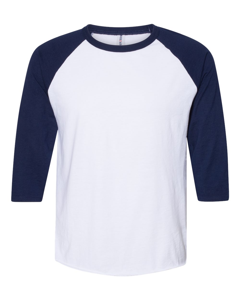 Front View of White/ J. Navy Premium Blend Ringspun Three-Quarter Sleeve Raglan Baseball T-Shirt - 560RR