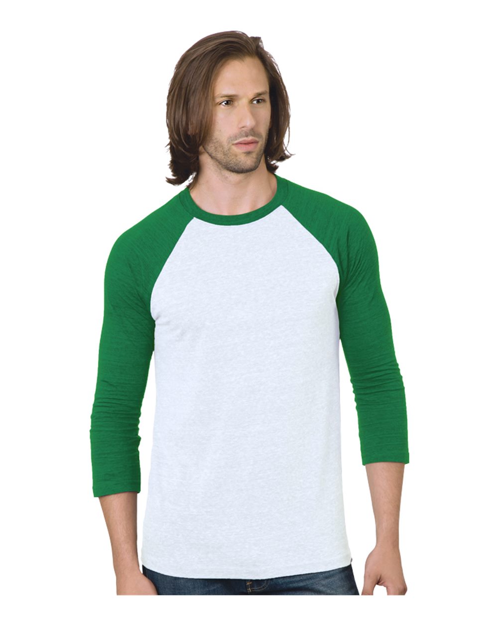 Front View of White/ Kelly Triblend Three-Quarter Sleeve Raglan T-Shirt - 9525