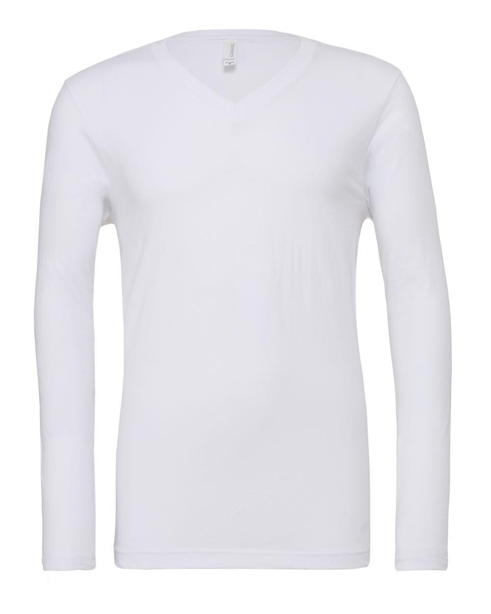 Front View of White Long Sleeve V-Neck Tee - 3425