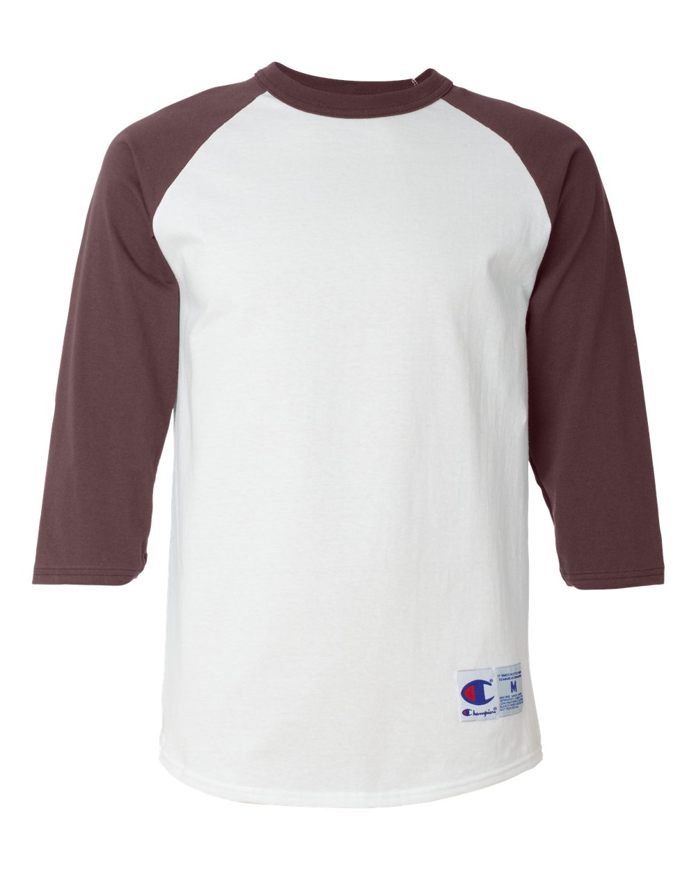 Front View of White/ Maroon Raglan Sleeve Baseball T-Shirt - T137