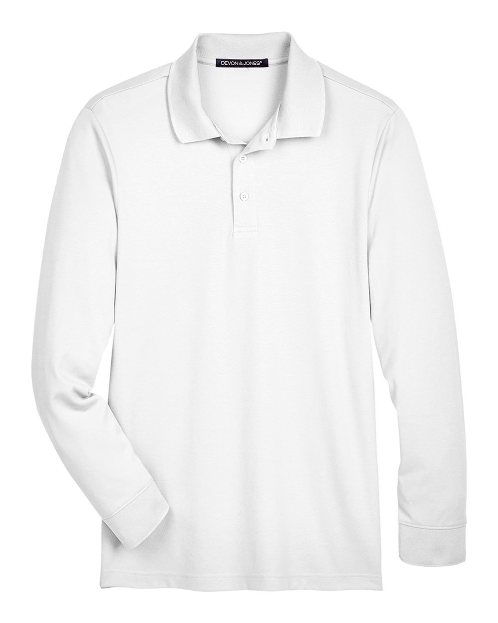 Front View of White Men's CrownLux Performance® Plaited Long Sleeve Polo - DG20L