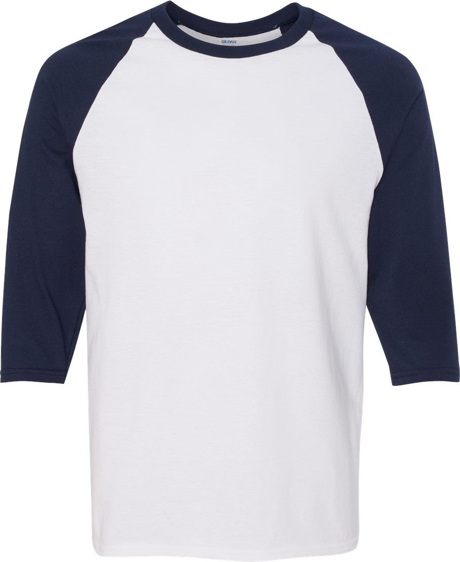 Front View of White/ Navy Heavy Cotton™ Raglan Three-Quarter Sleeve T-Shirt - 5700