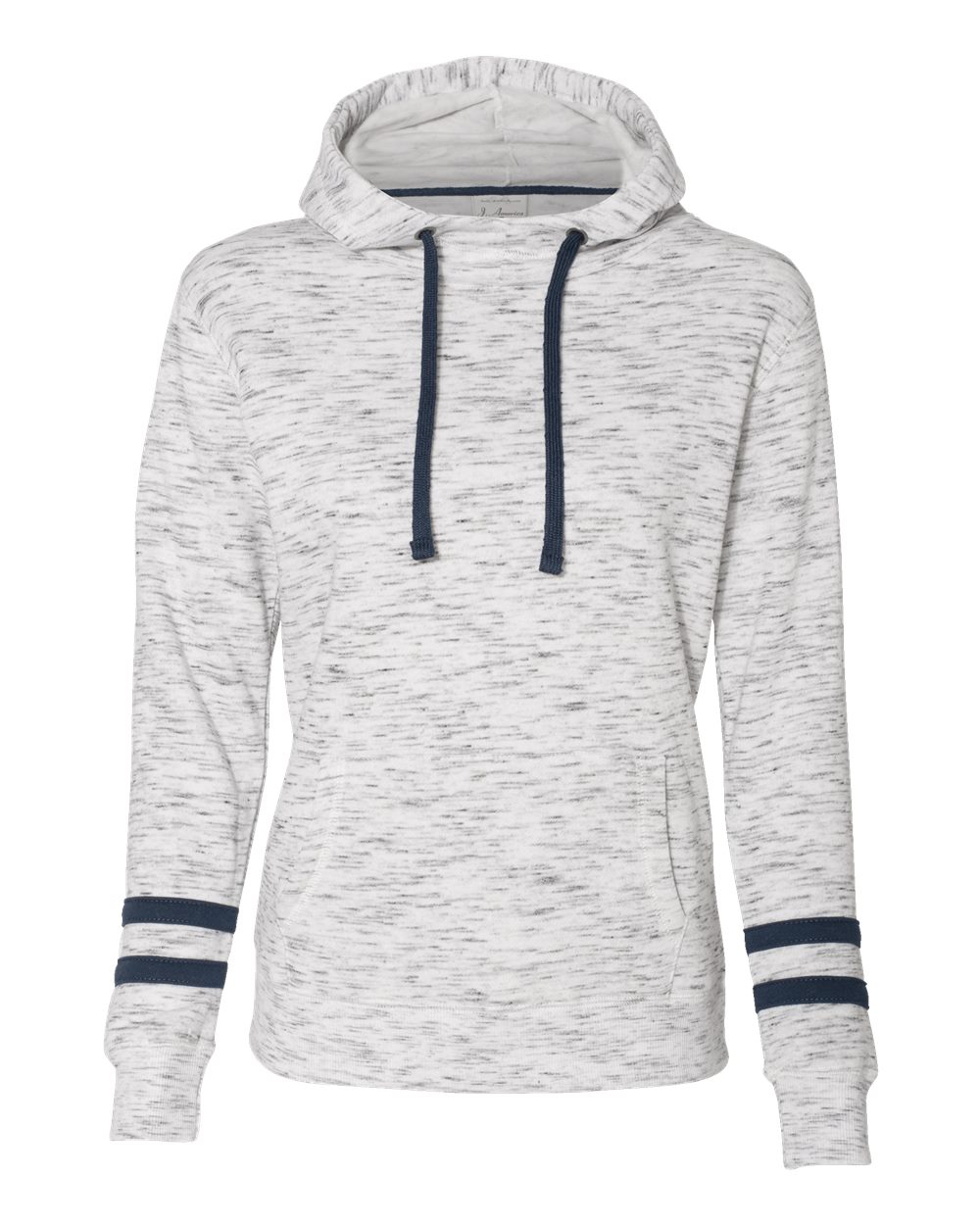 Front View of White/ Navy Women’s Mélange Fleece Striped-Sleeve Hooded Sweatshirt - 8674