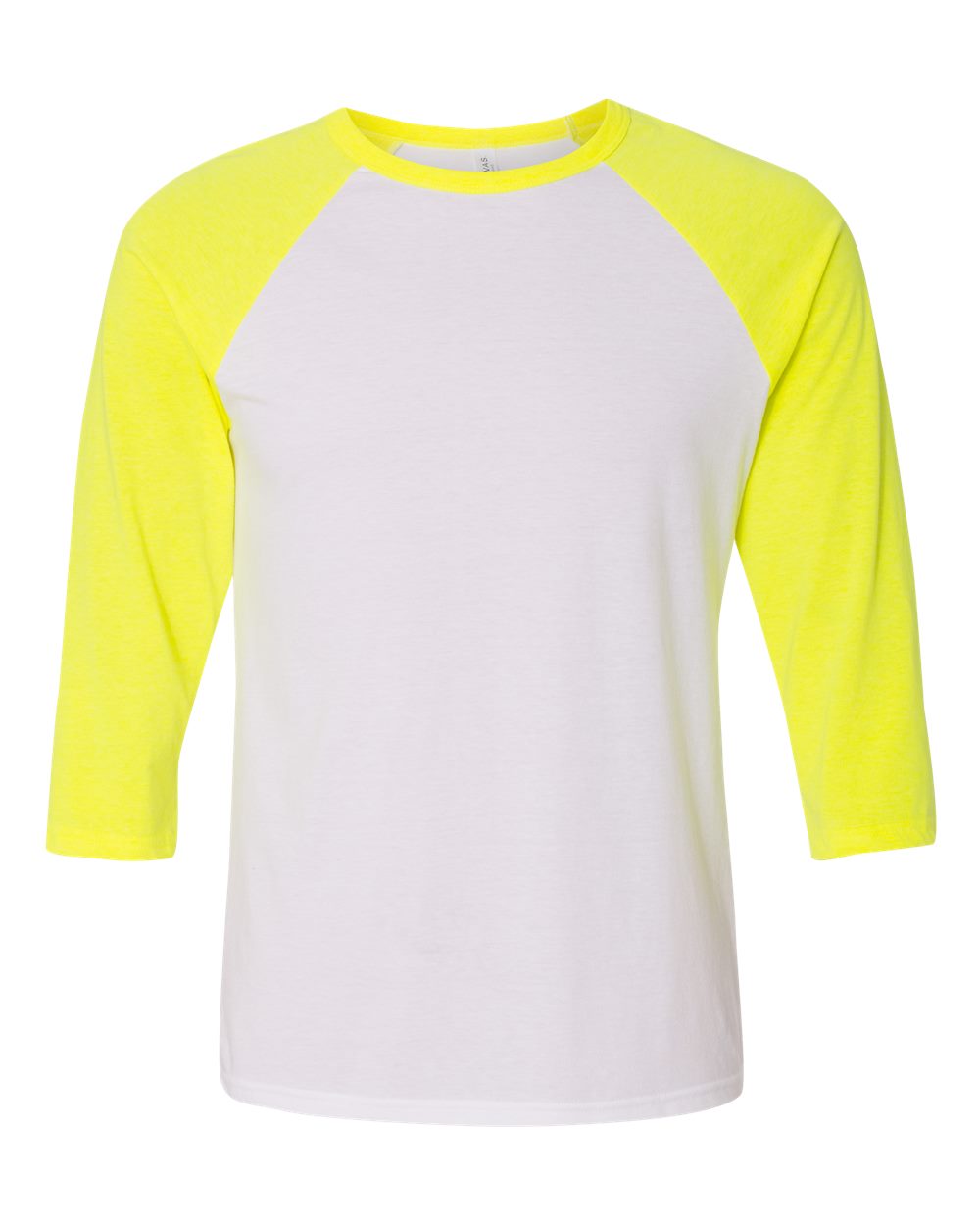 Front View of White/ Neon Yellow Three-Quarter Sleeve Baseball Tee - 3200
