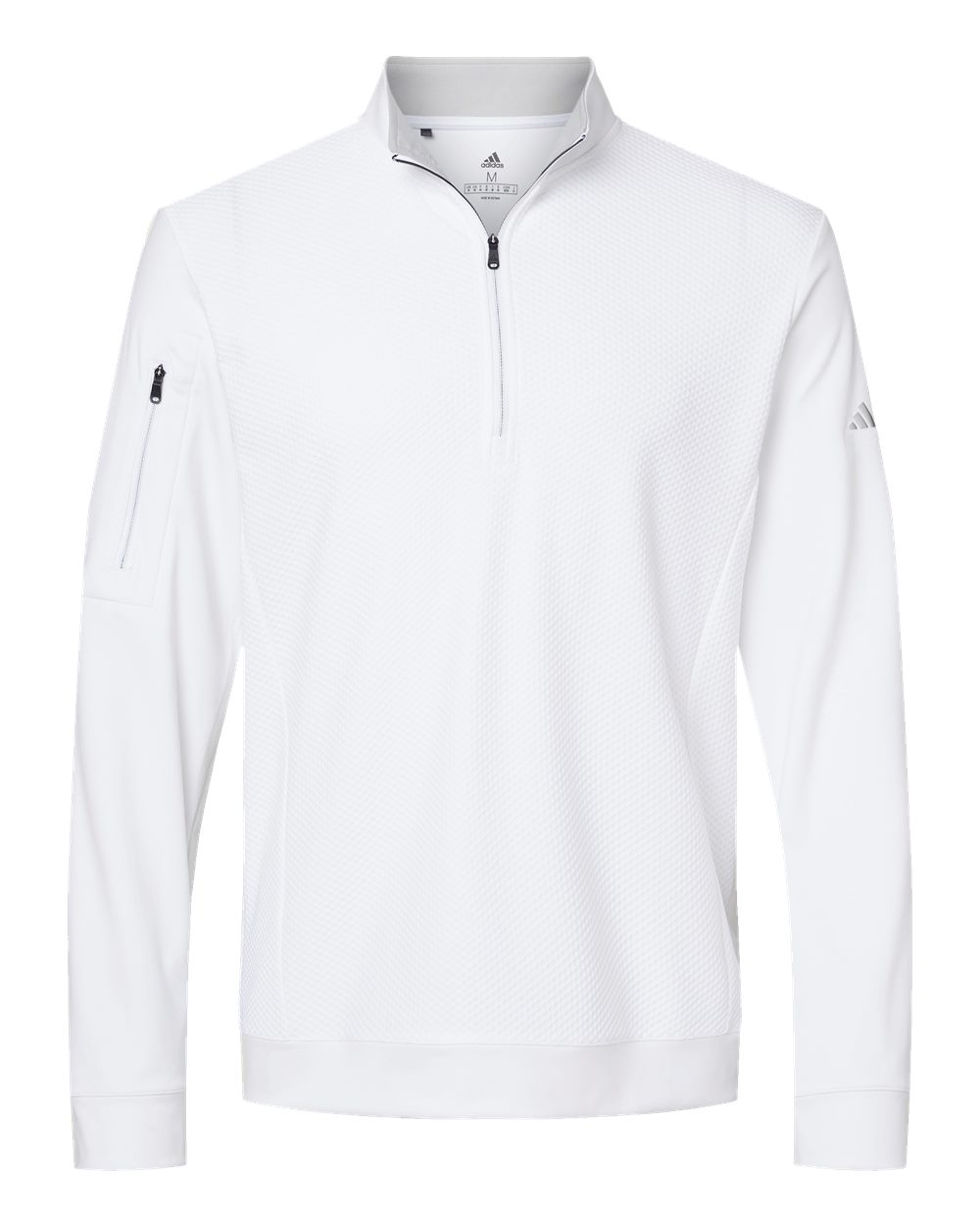 Front View of White Performance Textured Quarter-Zip Pullover - A295