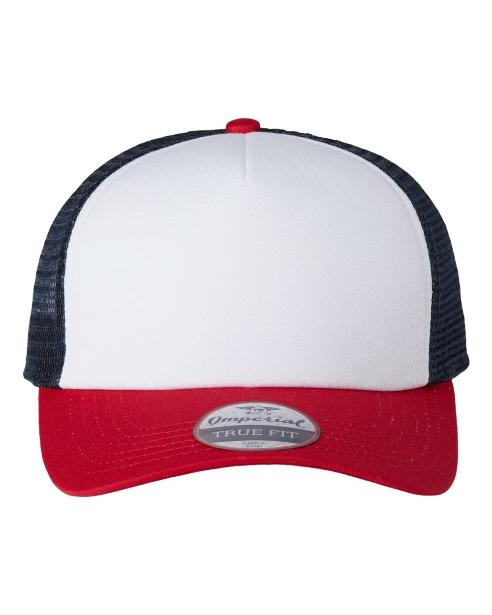 Front View of White/ Red/ Dark Navy North Country Trucker Cap - 1287