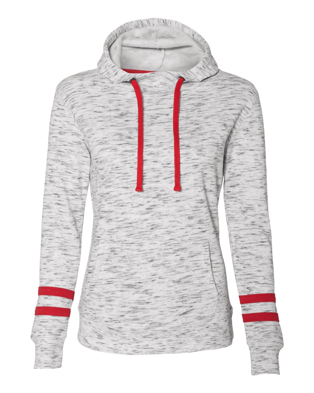 Front View of White/ Red Women’s Mélange Fleece Striped-Sleeve Hooded Sweatshirt - 8674