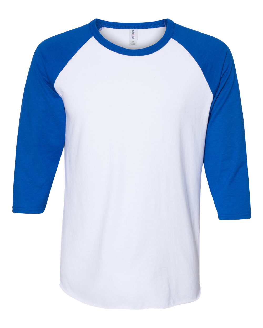 Front View of White/ Royal Premium Blend Ringspun Three-Quarter Sleeve Raglan Baseball T-Shirt - 560RR