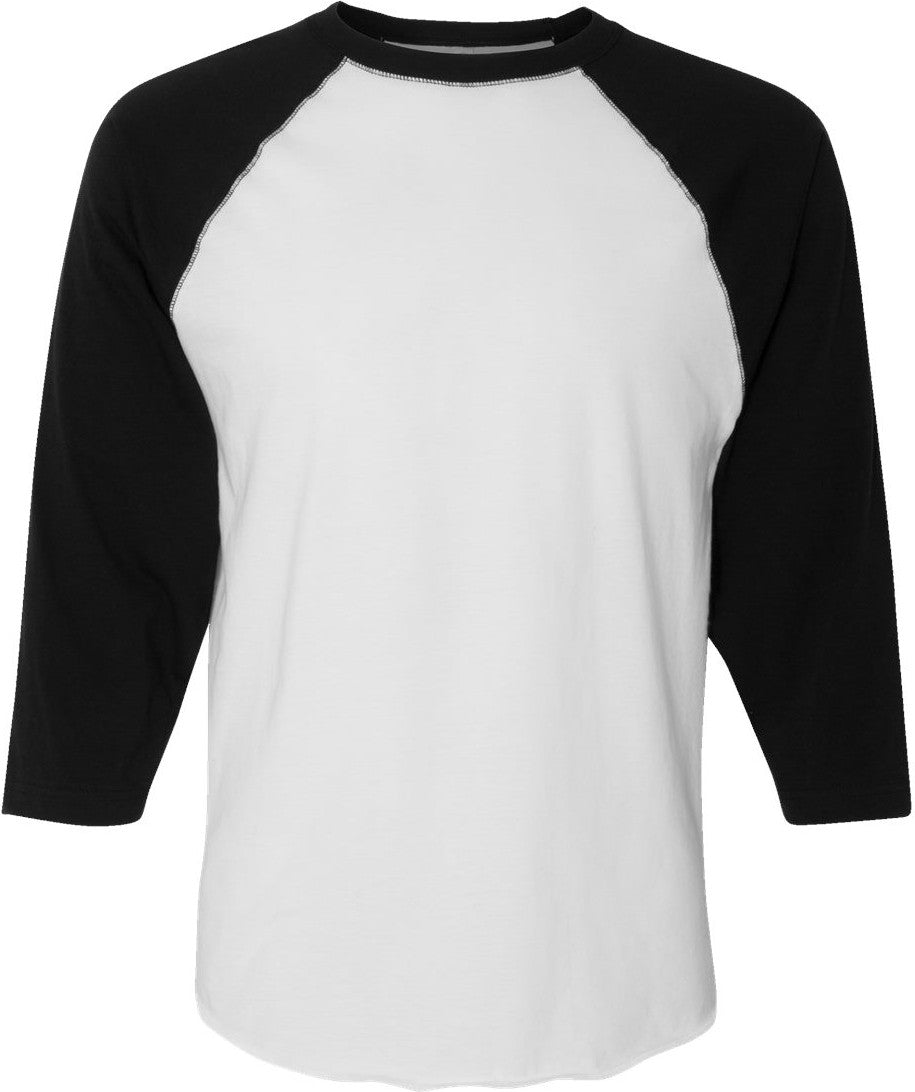 Front View of White Solid/ Black Baseball Fine Jersey Three-Quarter Sleeve Tee - 6930
