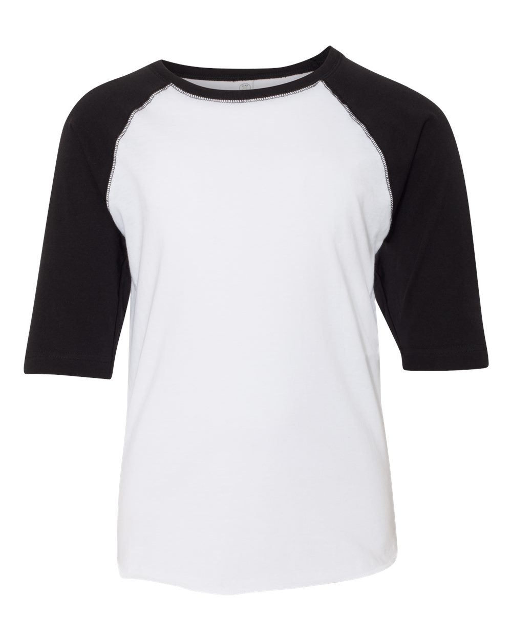 Front View of White Solid/ Black Youth Baseball Fine Jersey Three-Quarter Sleeve Tee - 6130