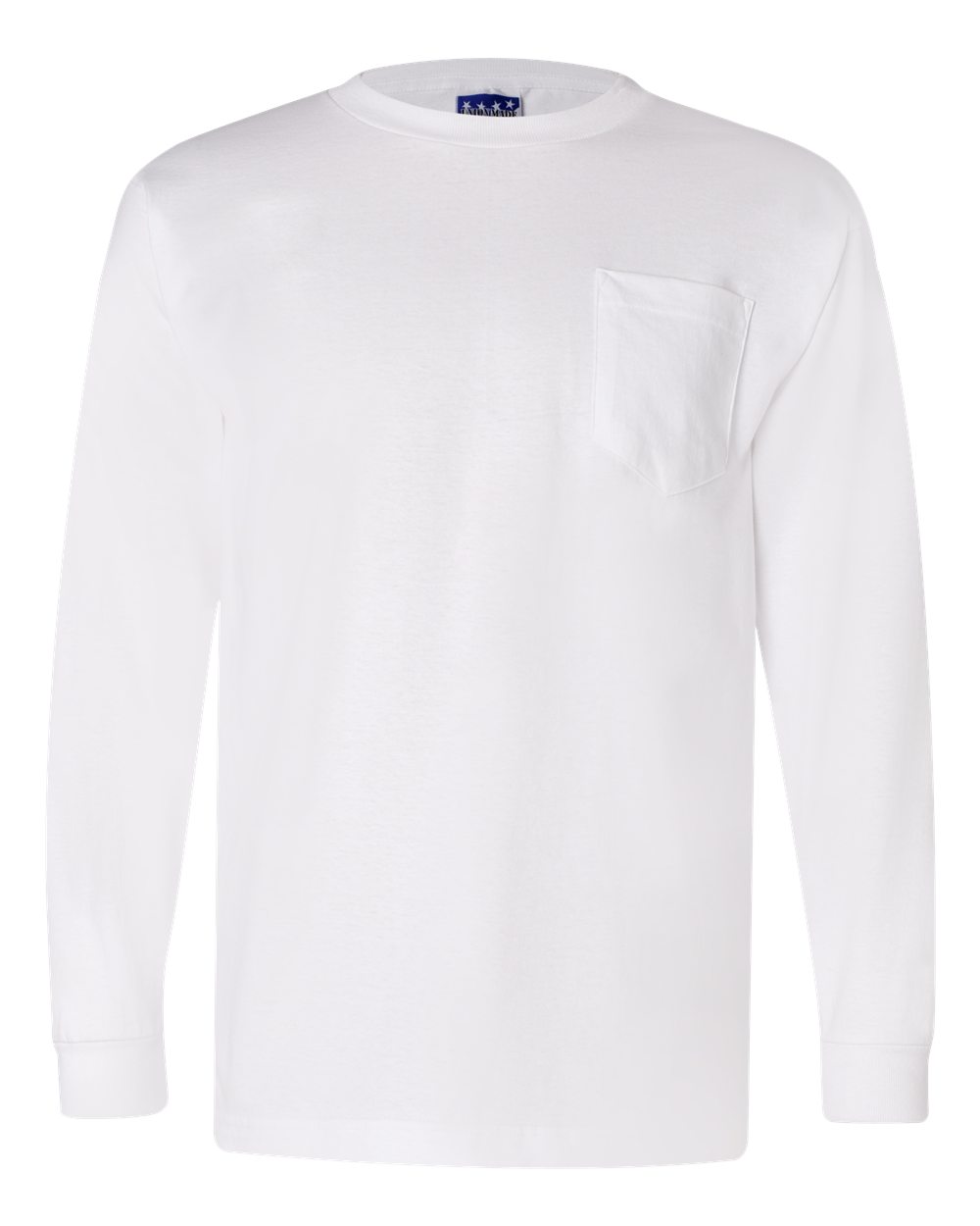 Front View of White Union-Made Long Sleeve Pocket T-Shirt - 3055