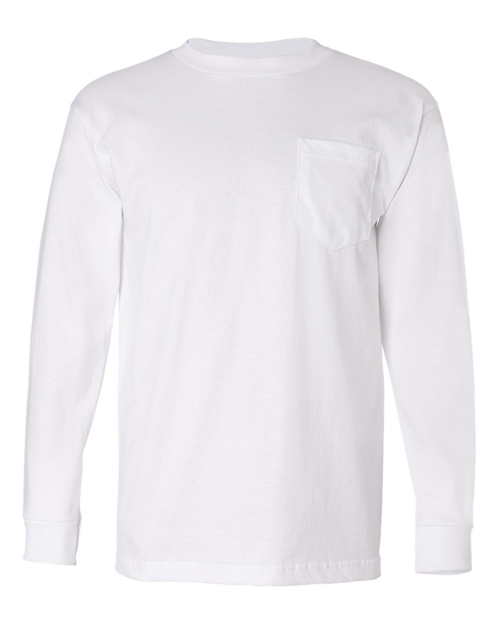 Front View of White USA-Made Long Sleeve Pocket T-Shirt - 8100