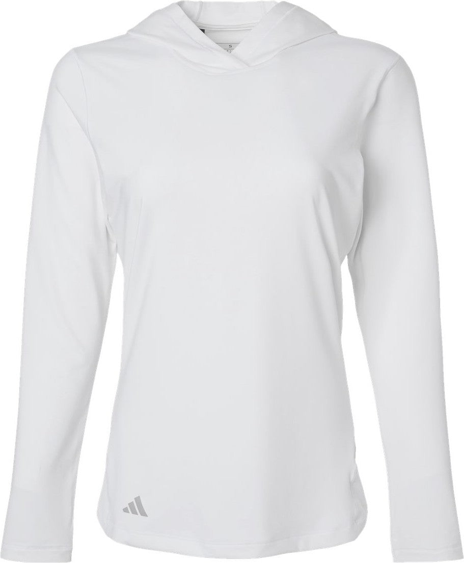 Front View of White Women's Performance Hooded Pullover - A1003