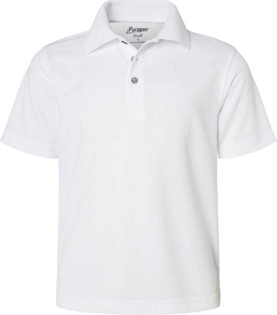 Front View of White Youth Saratoga Performance Mini Mesh Polo - 108Y