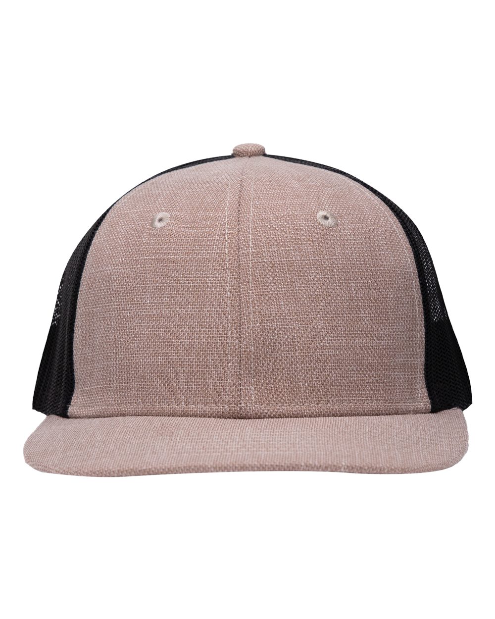 Front View of X Hatch Khaki/ Black Modern Six-Panel Trucker Fit Cap - SP1650