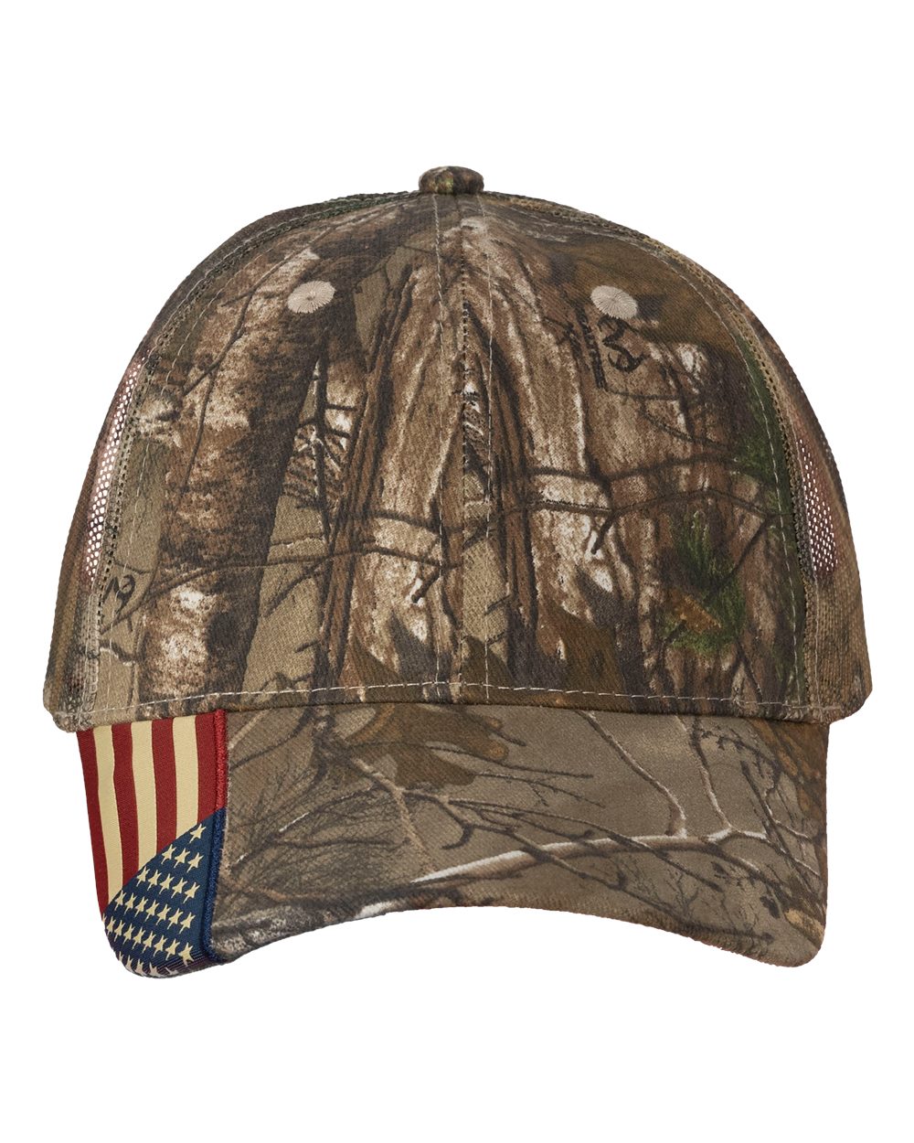 Front View of Xtra/ Xtra/ USA Flag Mesh Camo Woven USA Flag Mesh Cap - LC350M