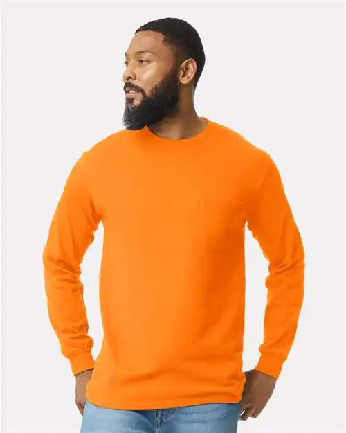 Gildan 2410 Ultra Cotton® Long Sleeve Pocket T-shirt - Safety Orange