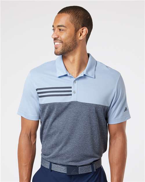 Glow Blue Heather/ Collegiate Navy Heather Heathered Colorblocked 3-Stripes Polo - A508