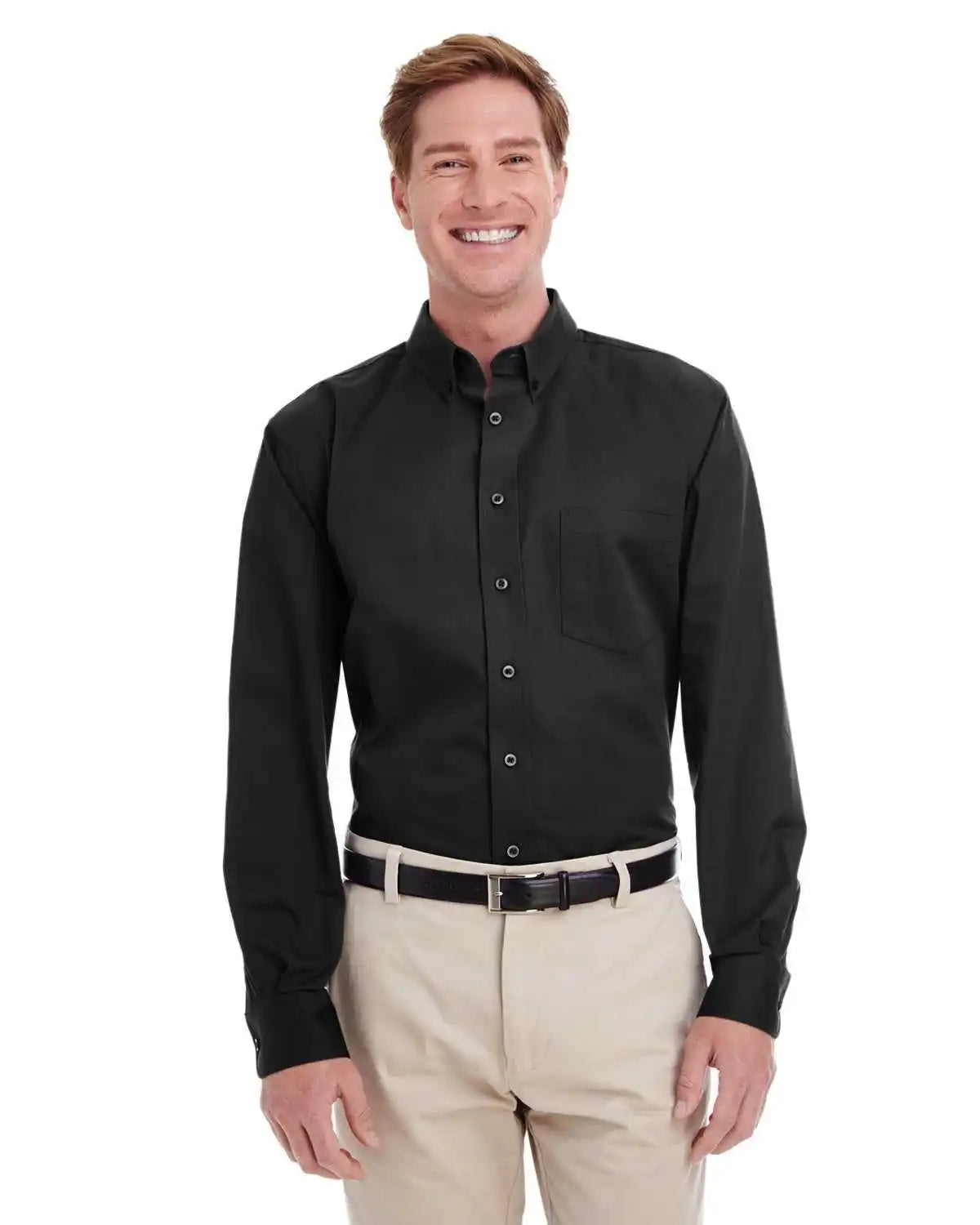 Harriton M581 Men’s Foundation 100% Cotton Long-sleeve Twill Shirt Withteflon - Black