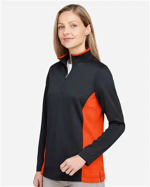 Harriton M786w Women’s Flash Snag Protection Plus Il Colorblock Quarter-zip Pullover - Black Team Orange
