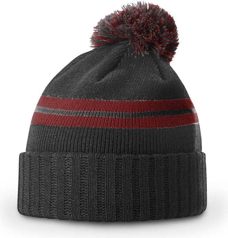 Heather Charcoal-Red Short Pom Beanie