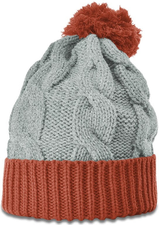 Heather Grey/Rust Chunk Twist Knit Beanie with Cuff & Pom