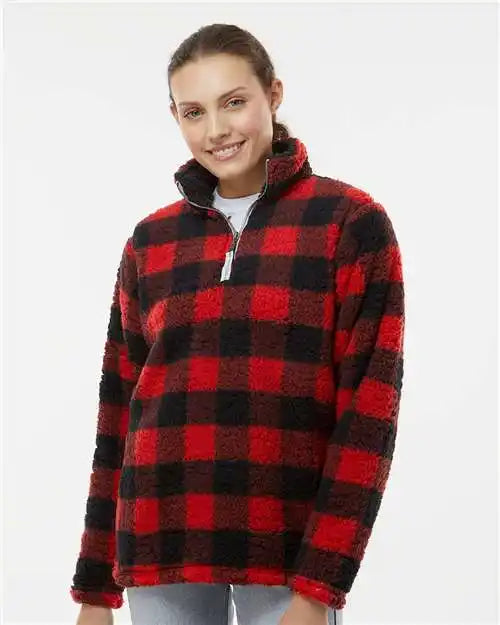 J. America 8451 Women’s Epic Sherpa Quarter-zip Pullover - Red Black Buffalo