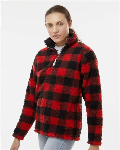 J. America 8451 Women’s Epic Sherpa Quarter-zip Pullover - Red Black Buffalo