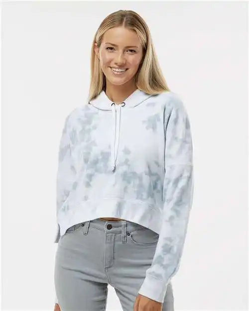 J. America 8853 Women’s Crop Hooded Sweatshirt - Grey Tie Dye