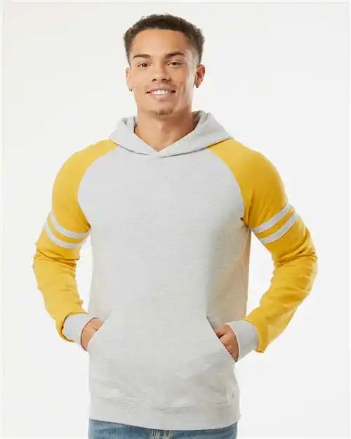 Jerzees 97cr Nublend® Varsity Colorblocked Raglan Hooded Sweatshirt - Oatmeal Heather Mustard
