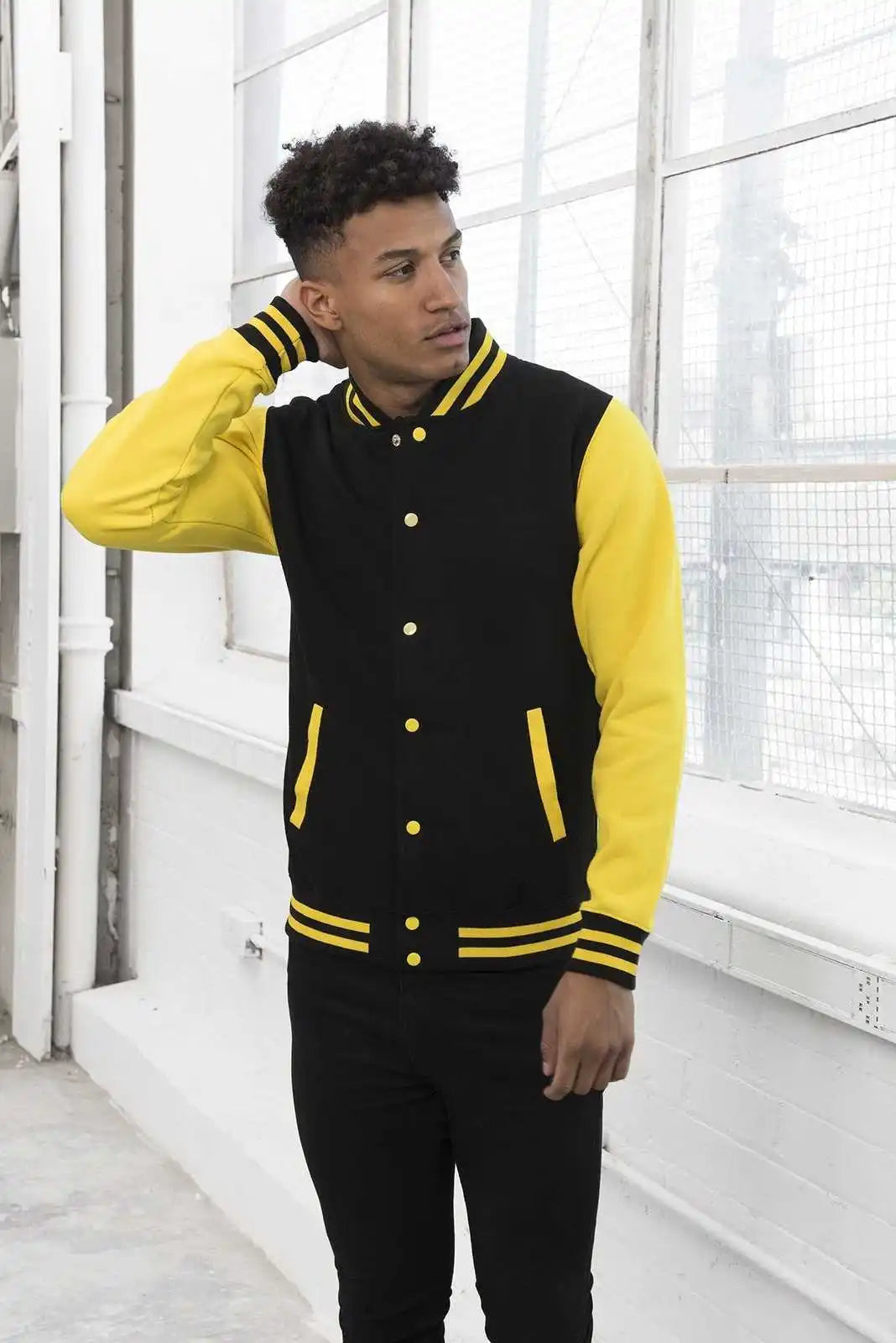 Just Hoods Jha043 Letterman Jacket - Jet Black Sun Yellow