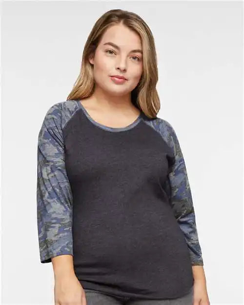Lat 3530 Women’s Baseball Fine Jersey Three-quarter Sleeve Tee - Vintage Smoke Camo