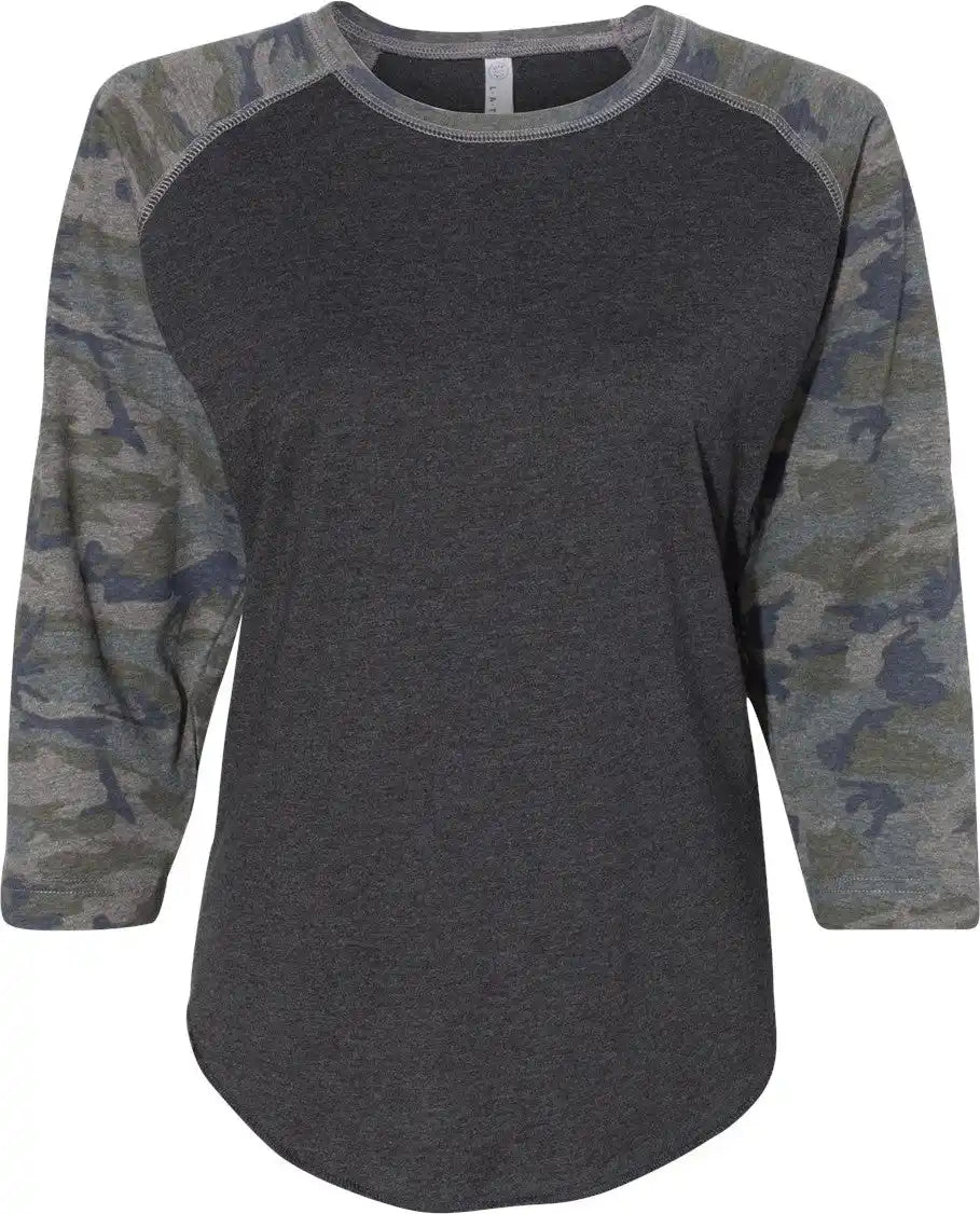 Lat 3530 Women’s Baseball Fine Jersey Three-quarter Sleeve Tee - Vintage Smoke Camo - Smoke/ / s