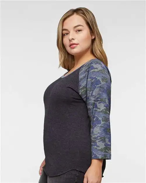 Lat 3530 Women’s Baseball Fine Jersey Three-quarter Sleeve Tee - Vintage Smoke Camo
