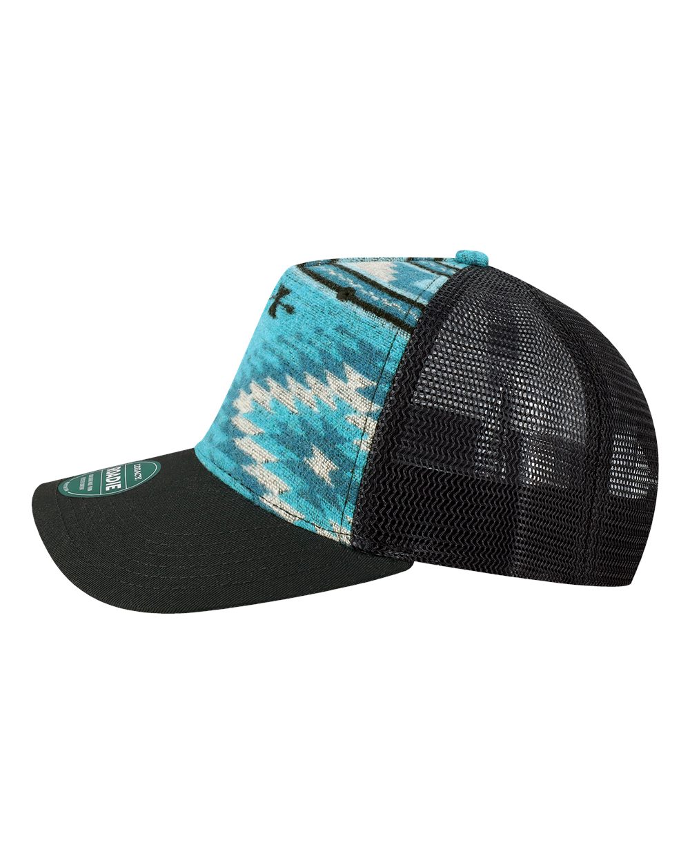 Left View of Aqua Aztec/ Black Five-Panel Trucker Cap - ROADIE