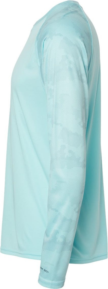 Left View of Aqua Blue Cayman Performance Camo Colorblocked Long Sleeve T-Shirt - 216