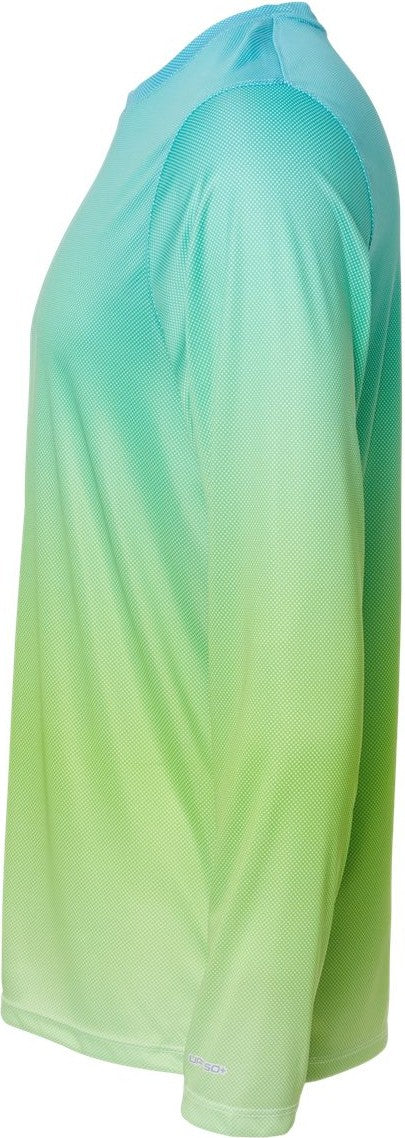 Left View of Aqua Blue/ Light Lime Barbados Performance Pin Dot Long Sleeve T-Shirt - 225