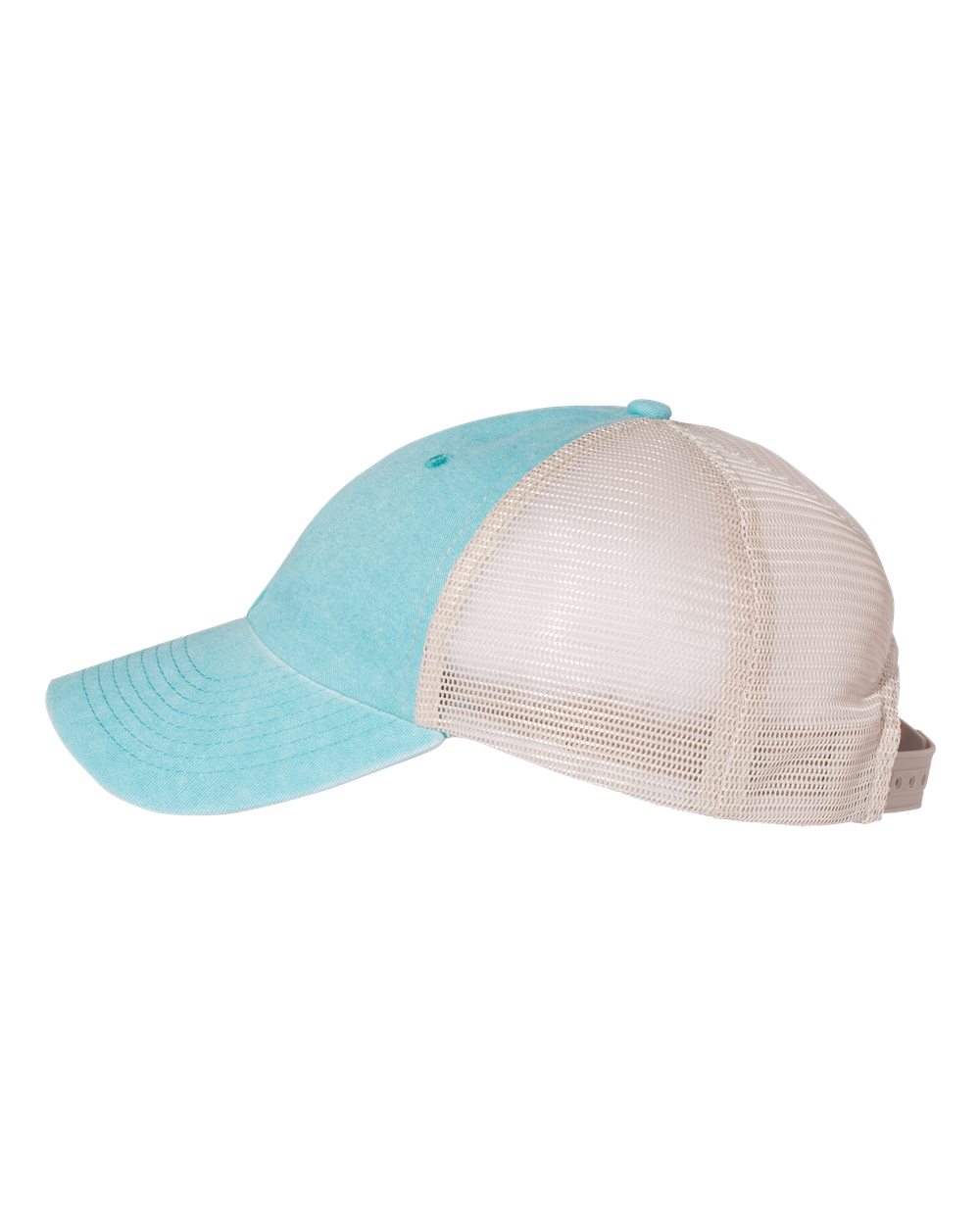 Left View of Aqua/ Stone Pigment-Dyed Trucker Cap - SP510