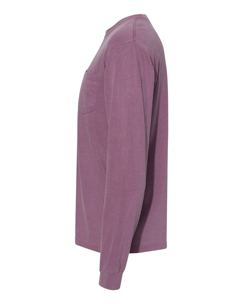 Left View of Berry Garment-Dyed Heavyweight Long Sleeve Pocket T-Shirt - 4410