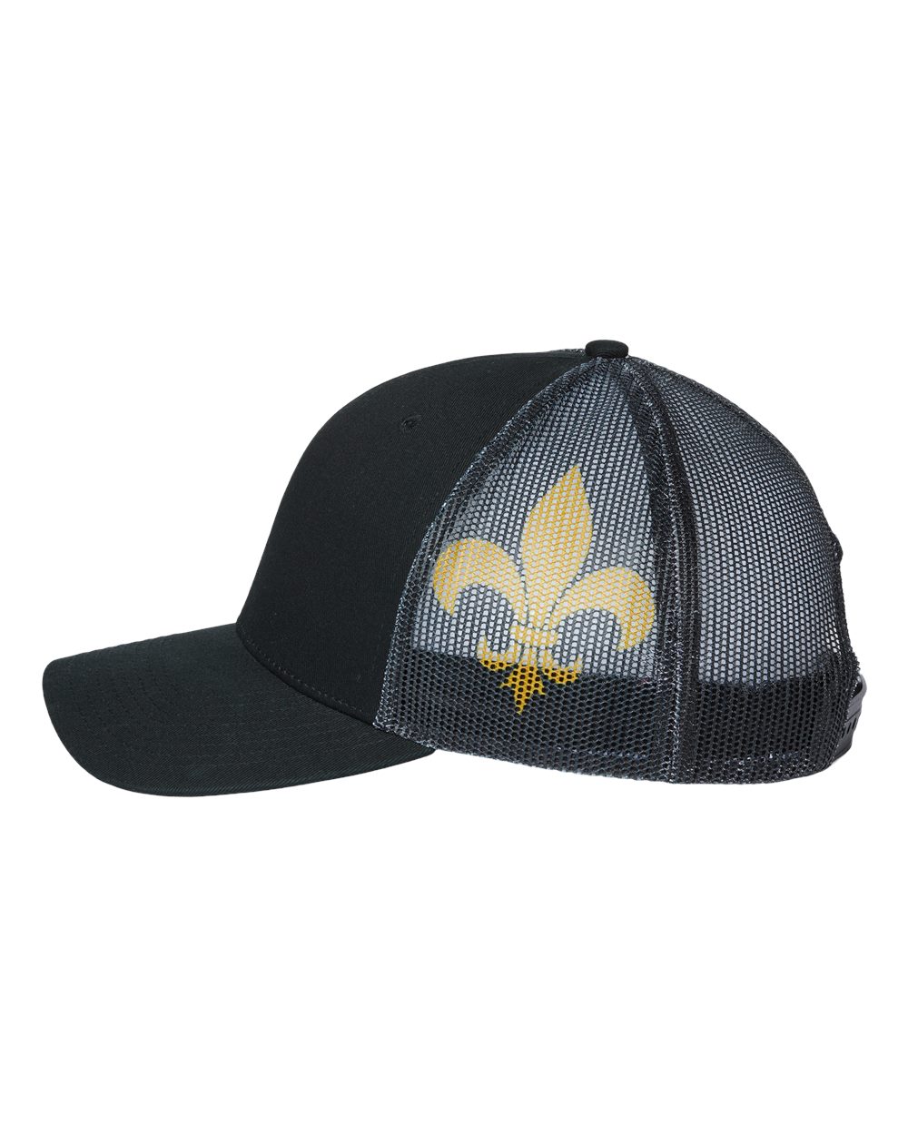 Left View of Black/ Black/ Fleur De Lis Printed Mesh Trucker Cap - S700M