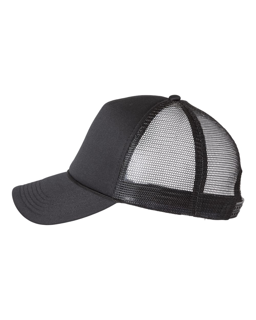 Left View of Black/ Black Foam Mesh-Back Trucker Cap - VC700