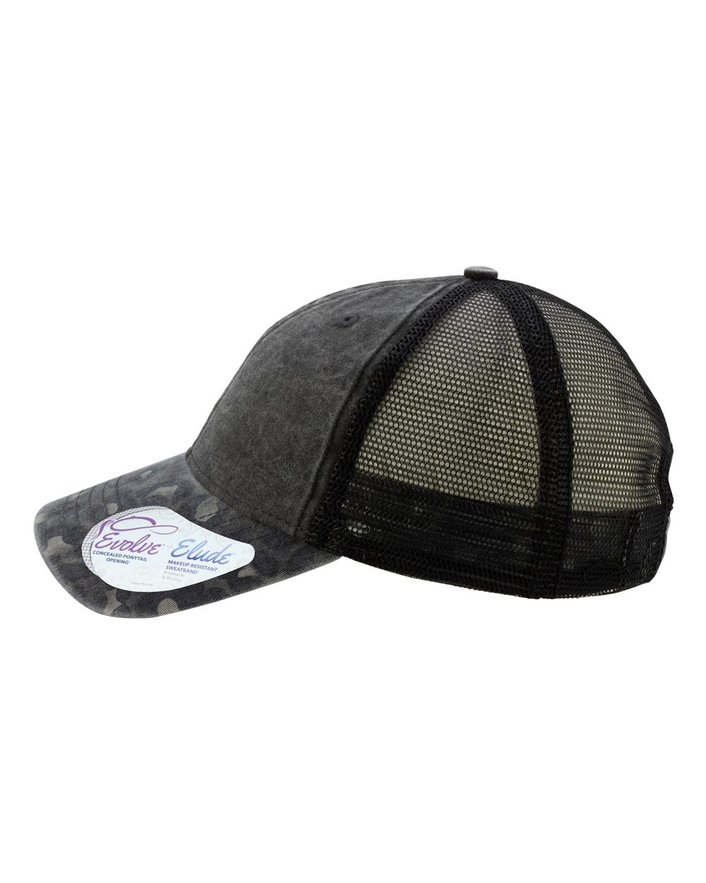 Left View of Black/ Black Leopard/ Black Women's Printed Bill with Mesh Back Cap - JANET